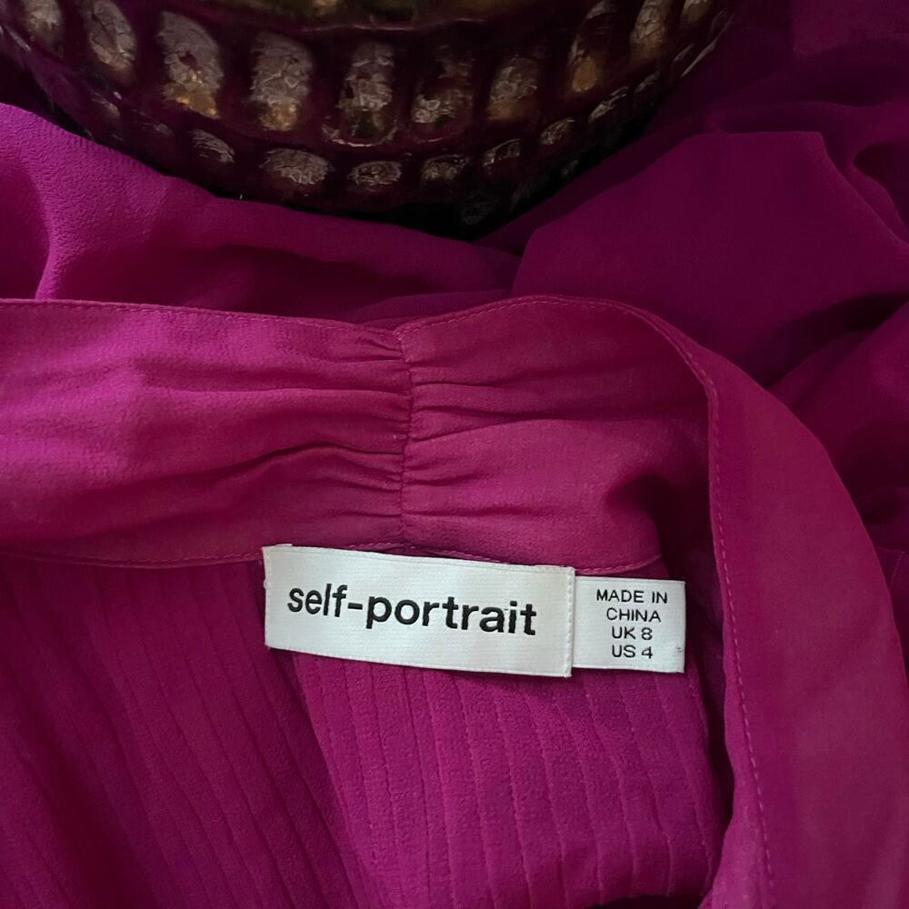 Self Portrait Chiffon Lace Blouse Long Sleeve Pussybow Purple Pink Sheer - Picture 6 of 6